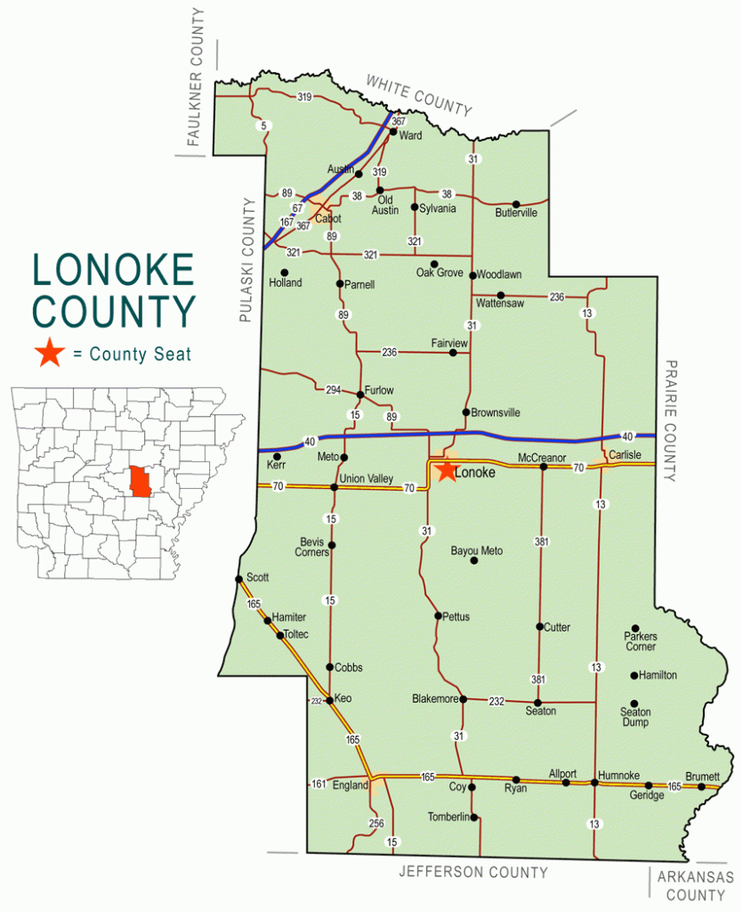 "Lonoke County" map with borders roads cities