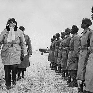 Black soldiers stand at attention while white man walks in front of them