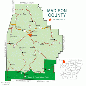 "Madison County" map with borders roads cities national forest