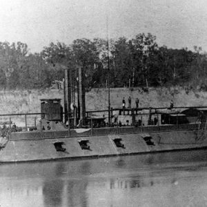 steam ship with canons at the ready on river