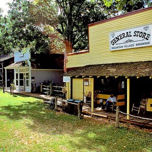 Western style store fronts on grass