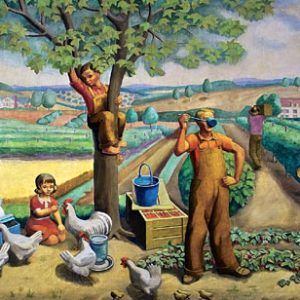 Painting of mixed group of people working on a farm, picking apples, feeding chickens, and more