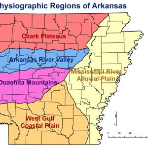 Multicolored map of Arkansas divided into physiographic regions