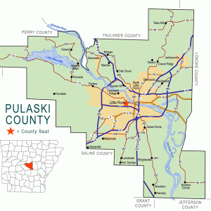 "Pulaski County" map with borders roads cities waterways