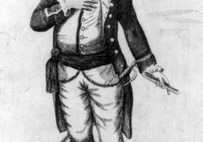 Portrait etching white man military officer with sword smiling hand on chest holding tube object