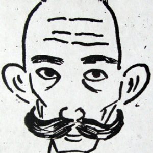 drawing in black ink on white paper of man with large mustache and ears that stick out