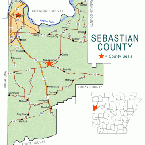 "Sebastian County" map with borders roads cities river