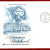 envelope featuring to one side blue scale drawing of state capitol with large state flag and text below reading "Arkansas Statehood 150th Anniversary"