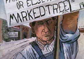 Painting white man overalls with sign "Let's unite farm labor board or else marked tree"