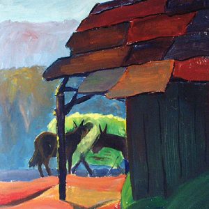 Painting of two mules and wooden barn with trees