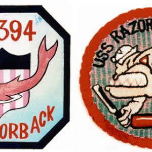 Two Naval designs marked "SS394 USS Razorback" featuring a whale and "USS Razorback" featuring a monster-sailor-submarine hybrid.