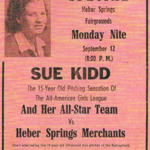 Young white woman with ponytail in collared shirt on pink flyer with black text