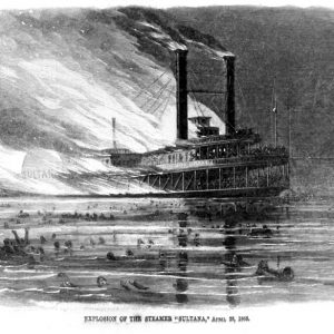 Burning steamboat on the water with survivors swimming nearby