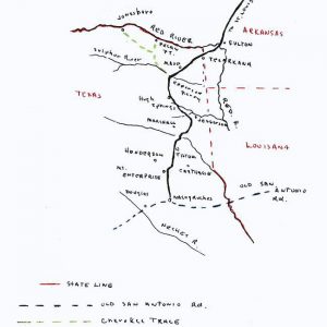 Hand drawn Arkansas Louisiana Texas map "state line old San Antonio Cherokee trace" roads