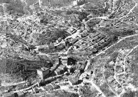 Overhead view of streets and buildings with trees