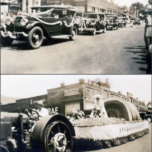 Top: line of cars with decorations on a city street
Bottom: Man in white driving a tractor pulling a parade float