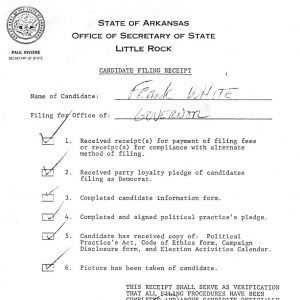 Arkansas Secretary of State "candidate filing receipt Frank White governor" checked boxes signed Paul Riviere