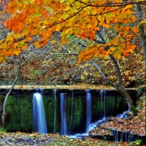 Spillway waterfall under autumn trees