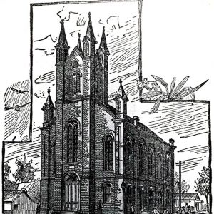 Line drawing of a multistory church building with spires