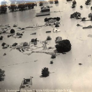 Aerial view of flooded town