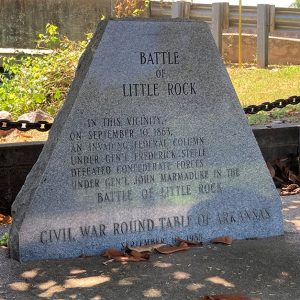 Stone carved with "Battle of Little Rock"