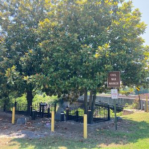 Small park with trees and a marker beside a road