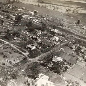 Aerial view of flooded town