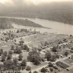 Aerial view of flooded town