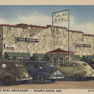 Cars parked in front of stone building with signs saying "Salad Bowl" "Steaks Chops" "Sea Foods" "Fried Chicken"