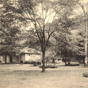 One story building in wooded area with gazebo