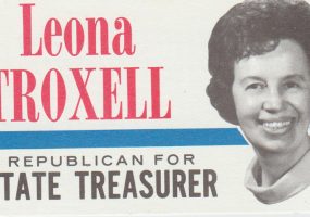 "Leona Troxell" campaign card featuring white woman