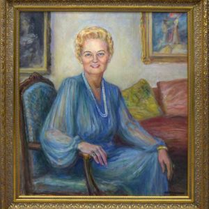 Painting of white woman with blond hair wearing blue dress