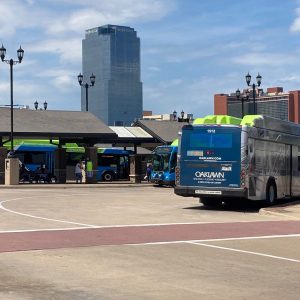 Bus station with buses and waiting areas