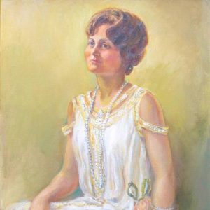 Painting of white woman in dress and long pearl necklace