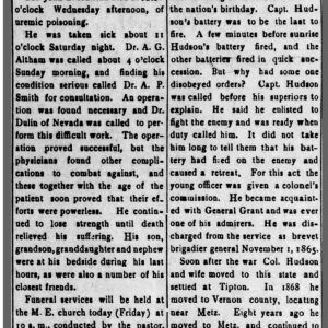 "Col. John G. Hudson Called Home" newspaper clipping