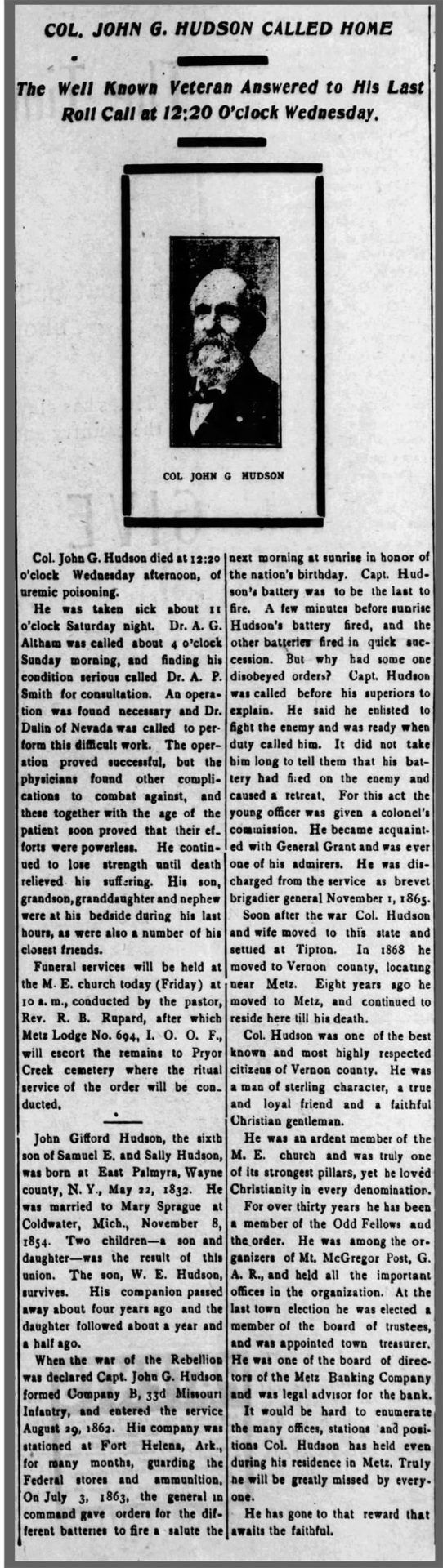 "Col. John G. Hudson Called Home" newspaper clipping