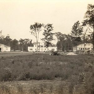 Three white buildings as seen from a distance