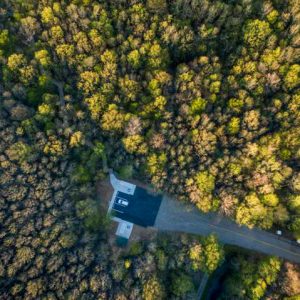 Overhead view of road leading to building amid trees