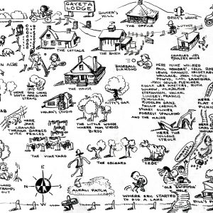 Hand-drawn map with various icons throughout