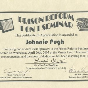 Certificate paper showing "Prison Reform 1 on 1 Seminar"