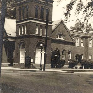 Multistory brick church building