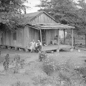 White people sitting on porch of wooden house surrounded by trees