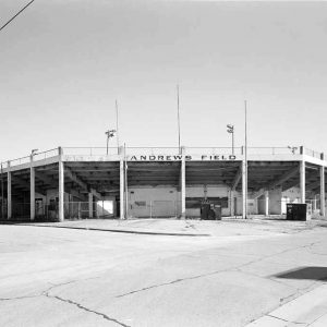 Exterior of sports arena with "Andrews Field" sign