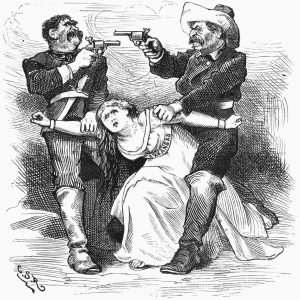 Cartoon featuring two white men with guns battling over one white woman wearing a sash saying "Arkansas"