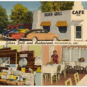 colorful depiction of restaurant building with cars parked outside and of the interior with tables and counter