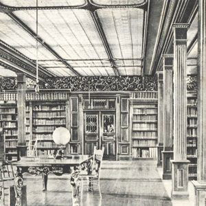 Room filled with books and shelves and a table with a globe on it