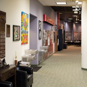 Interior view showing walls with displays and drinking fountains