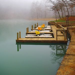 four pedalboats with yellow and orange seats sitting in water at dock