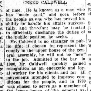 "Creed Caldwell for a State Senator's Seat" newspaper clipping