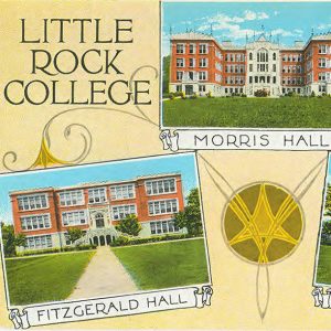 Postcard featuring three brick buildings with notes under each saying Morris Hall